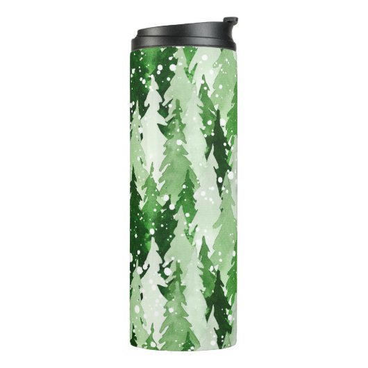 Naadloos waterverf-patroon met groene pijnbomen thermosbeker (Gedraaid links)