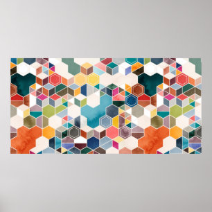 Naadloos zeskantpatroon in willekeurige kleuren in poster