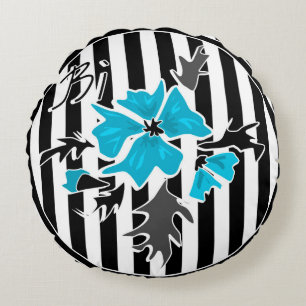 Naadloze abstracte blauwe bloemen wit zwart rond kussen