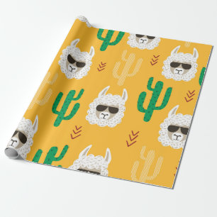 Naadloze cartoon lama en cactus patroon in brij cadeaupapier