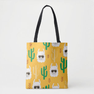 Naadloze cartoon lama en cactus patroon in brij draagtas