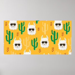 Naadloze cartoon lama en cactus patroon in brij poster