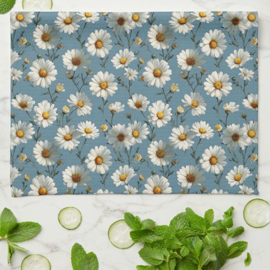 Naadloze Daisy Flower Pattern op Blauw Theedoek (Gevouwen)