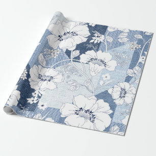 naadloze denim patchwork op flower cadeaupapier