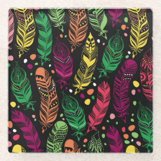 Naadloze etnische veren, levendig patroon. glazen onderzetter