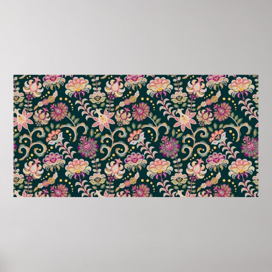 Naadloze florale achtergrond. Roze bloemen en blad Poster (Voorkant)