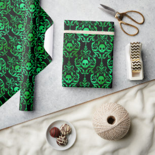 Naadloze groene en zwarte schedel damast Halloween Cadeaupapier