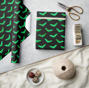 Naadloze groene folie en zwarte vleermuizen Hallow Cadeaupapier