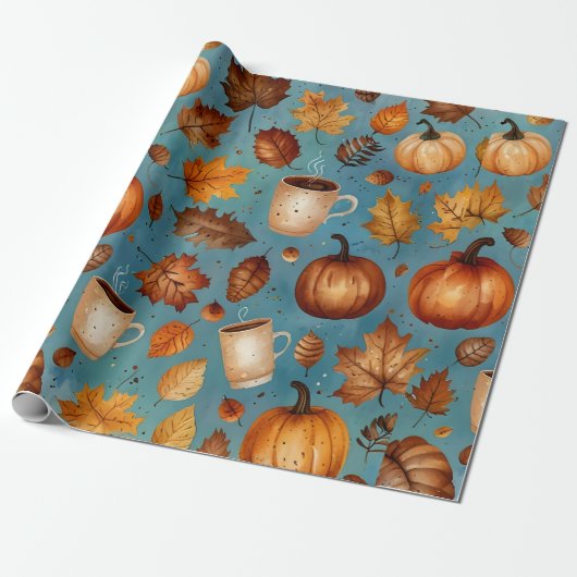 Naadloze Herfst Patroon met pompoenen, Herfstblade Cadeaupapier (Uitgerold)