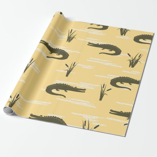 Naadloze krokodillen patroon. gele ruggr. cadeaupapier (Uitgerold)