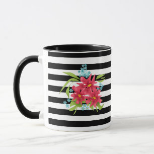 Naadloze roze bloemen bloemmotief zwart wit gestre mok