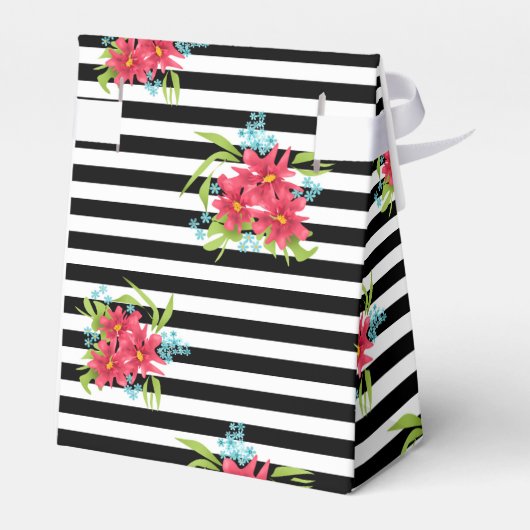 Naadloze roze bloemen floraal zwart wit gestreept bedankdoosjes (Achterkant)