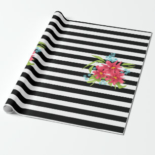 Naadloze roze bloemen floraal zwart wit gestreept cadeaupapier