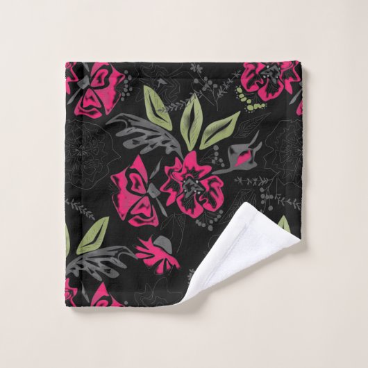 Naadloze roze bloemen groene bladeren met een sche bad handdoek (Wasdoekje)