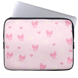 Naadloze Roze Strik en Bloemmotief – Schattig Meis Laptop Sleeve
