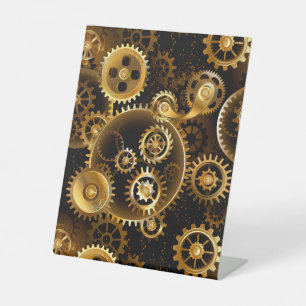 Naadloze Steampunk Brass Gears Reclamebord Met Voetstuk