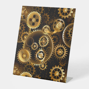 Naadloze Steampunk Brass Gears Reclamebord Met Voetstuk