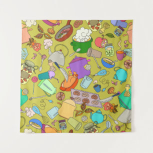 Naadloze textuur. Handgetekende doedels eten  Wandkleed