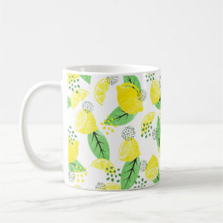 Naadloze waterverf citroenpatroon met vruchten en koffiemok