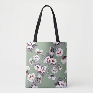 Naadloze wit-rode bloemen: groen decor draagtas