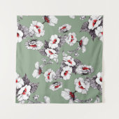 Naadloze wit-rode bloemen: groen decor wandkleed (Voorkant (horizontaal))