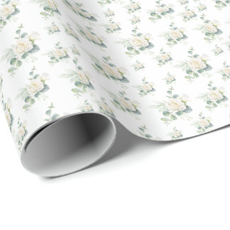 Naadloze witte rozenbloem met eucalyptuspatroon cadeaupapier
