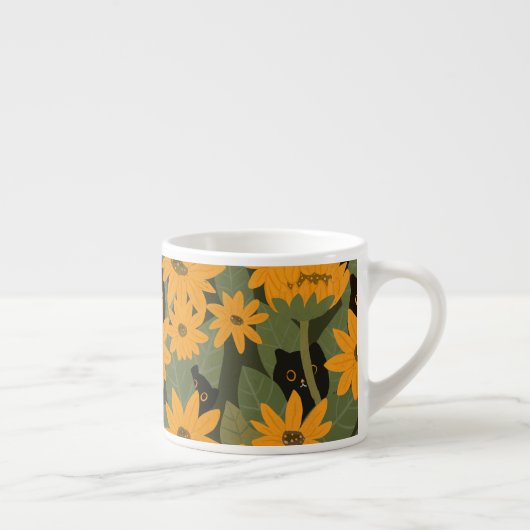 Naadloze zwarte kat en zonnebloem patroon espresso kop (Rechts)