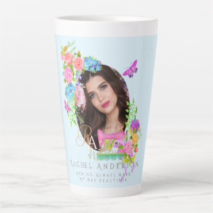 Naaien lint Bloemen Monogram Foto Blauw Latte Mok