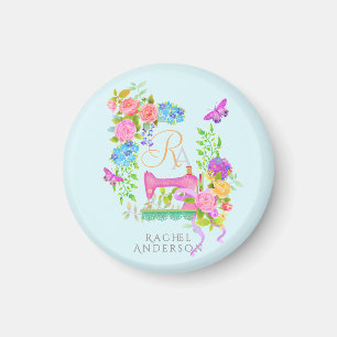 Naaien Ribbon Bloemen Monogram Blauwe Sleutelhange Magneet