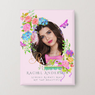 Naailint Bloemenmonogram Foto Roze Button
