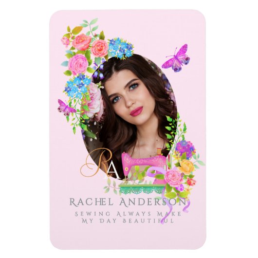 Naailint Bloemenmonogram Foto Roze Magneet (Verticaal)