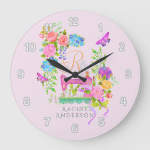 Naailint bloemenmonogram roze grote klok