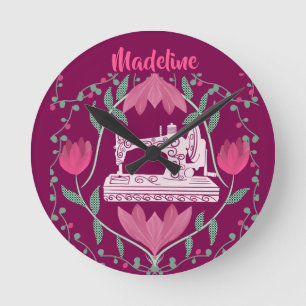 naaimachine: Floral Fuchsia gepersonaliseerd Ronde Klok