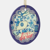 Naaimachine kerstversiering met bloemen keramisch ornament (Rechts)