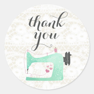 Naaimachine op Shabby Chic Jute Dank je Ronde Sticker