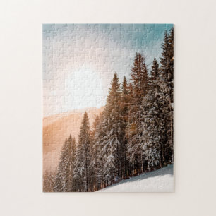 Naaldbomen Dennenbomen Besneeuwd Bos Zonsopgang Na Legpuzzel