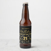 Naam 21e Verjaardag Confetti Thema in Goud op Zwar Bier Etiket (Voorkant)
