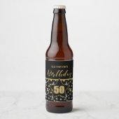 Naam 50e Verjaardag Confetti Thema in Goud op Zwar Bier Etiket (Voorkant)