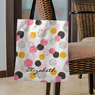 Naam, Abstract patroon roze zwart goud cirkels Draagtas