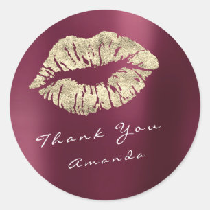 Naam Bedankt Metal Kiss Gold Burgundy Red Makeup Ronde Sticker
