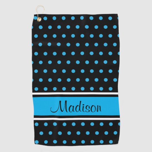 Naam Black Sky Blue Polka Dot Stripe Script Golfhanddoek (Voorkant)