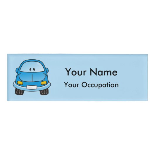 Naam blauwe cartoon auto naambadge (Voorkant)
