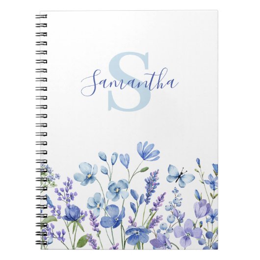 Naam Blauwe Floral Monogram Notitieboek (Voorkant)