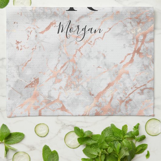 Naam/Blk Monogram, Wit & Roos Gold Marble, Vs 2 Theedoek (Gevouwen)