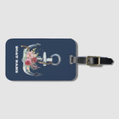Naam boot,Anchor Flowers Navy Blue Striped Bagagelabel (Voorkant (horizontaal))