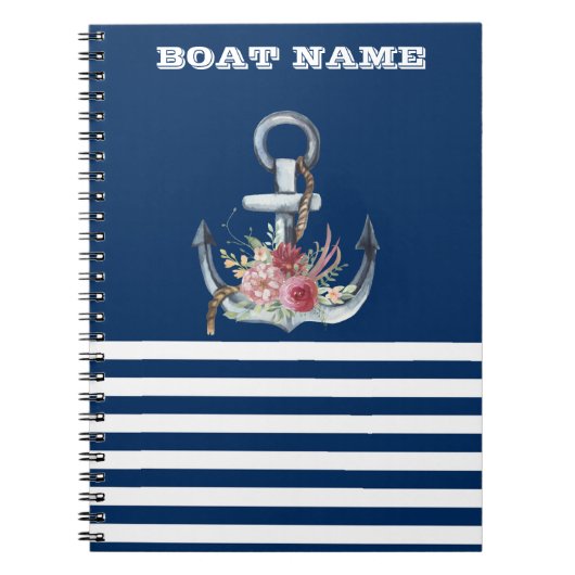 Naam boot,Anchor Flowers Navy Blue Striped Notitieboek (Voorkant)