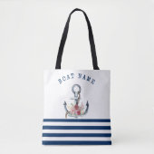 Naam boot,Anchor Flowers Navy Blue Stripes Draagtas (Voorkant)