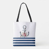 Naam boot,Anchor Flowers Navy Blue Stripes Draagtas (Achterkant)