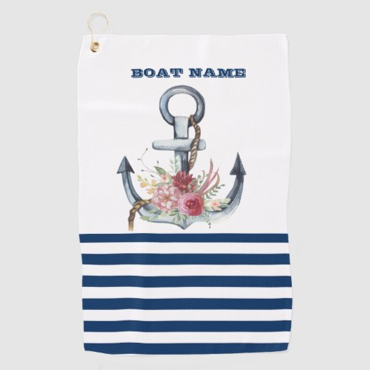 Naam boot,Anchor Flowers Navy Blue Stripes Golfhanddoek (Voorkant)