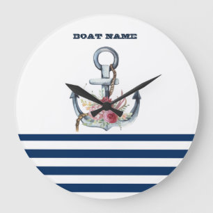 Naam boot,Anchor Flowers Navy Blue Stripes Grote Klok